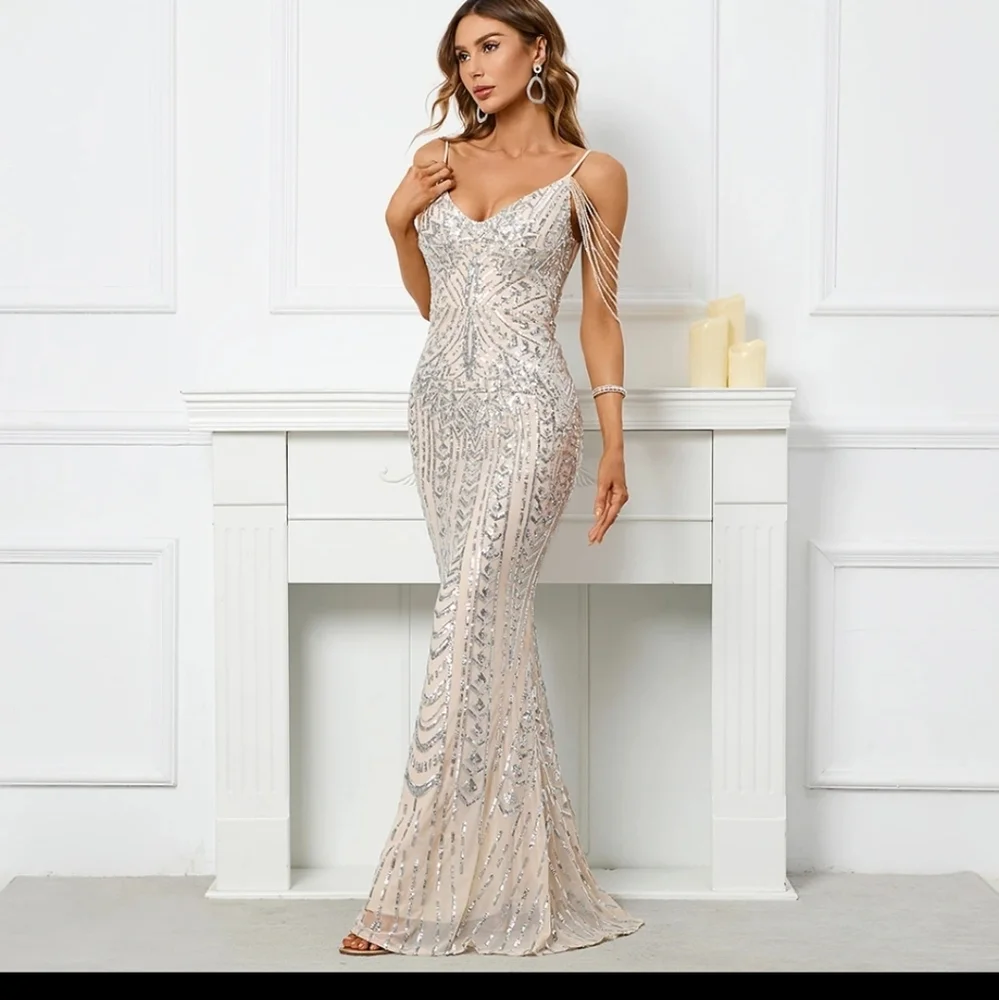 Silver, Backless, Cami,  Fringe Sleeves,  Contrast Sequined Mermaid Gown - Picture 3 of 16